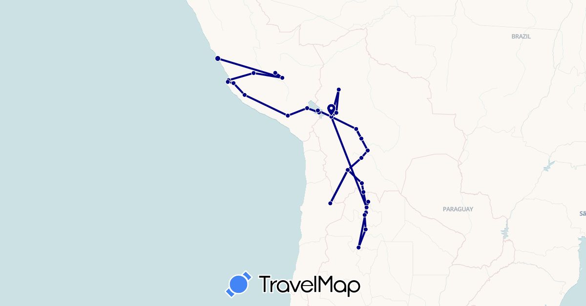 TravelMap itinerary: driving in Argentina, Bolivia, Chile, Peru (South America)